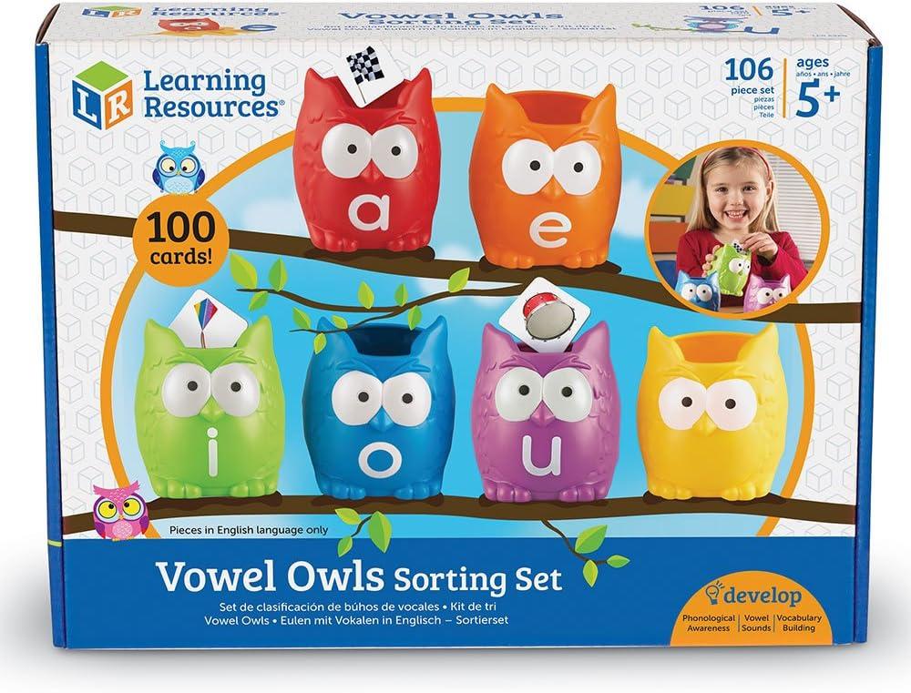 imageLearning Resources Vowel Owls Sorting Set Word Recognition Assorted Colors Set of 6 Ages 5