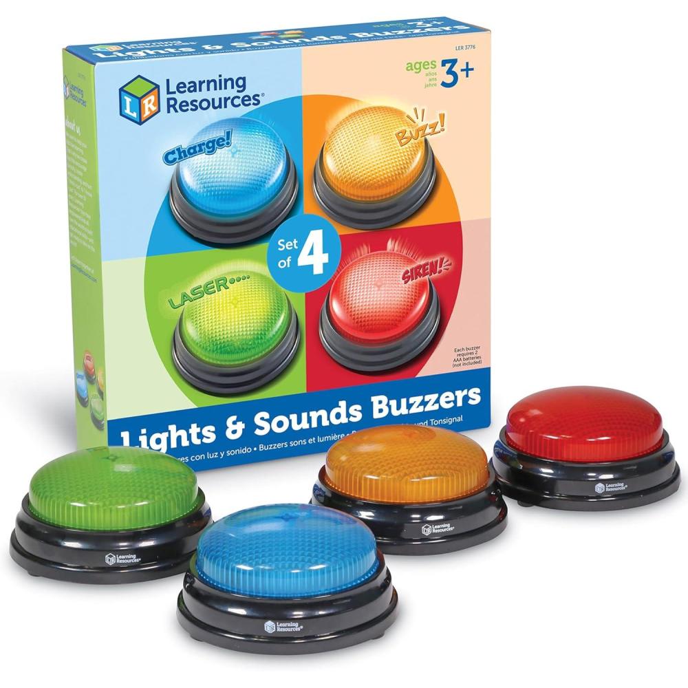 imageLearning Resources Lights and Sounds BuzzersSet of 4 Ages 3 Game Show and Classroom Buzzers Family Game Night Game Show Buzzers Classroom AccessoriesLights  Sounds Buzzers