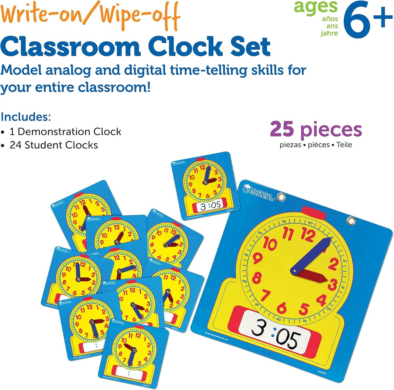 imageLearning Resources Write ampamp Wipe Clocks Classroom Set 25 Pieces Ages 6 Laminated DryErase Teaching Aids Teacher Supplies Learning TimeBack to School SuppliesSet
