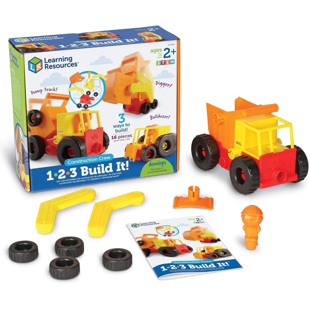 imageLearning Resources 123 Build It Construction Crew Toy  Fine Motor and Critical Skills Dump Truck Toddler Excavator Bulldozer Digger and Excavator Toys Imaginative Play Birthday Gift for Kids