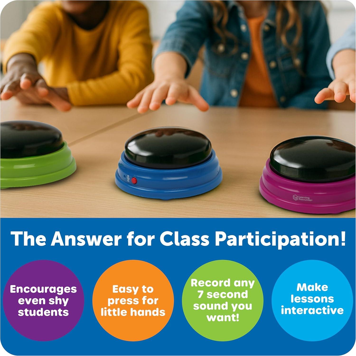 imageLearning Resources Buzzers enregistrables Jeu de 4 4 Sons prprogramme diffrents Buzzer pour Jeux de Questions Buzzer sonore pour Les Jeux en Classe Et La Maison 3sans piles supplmentaires