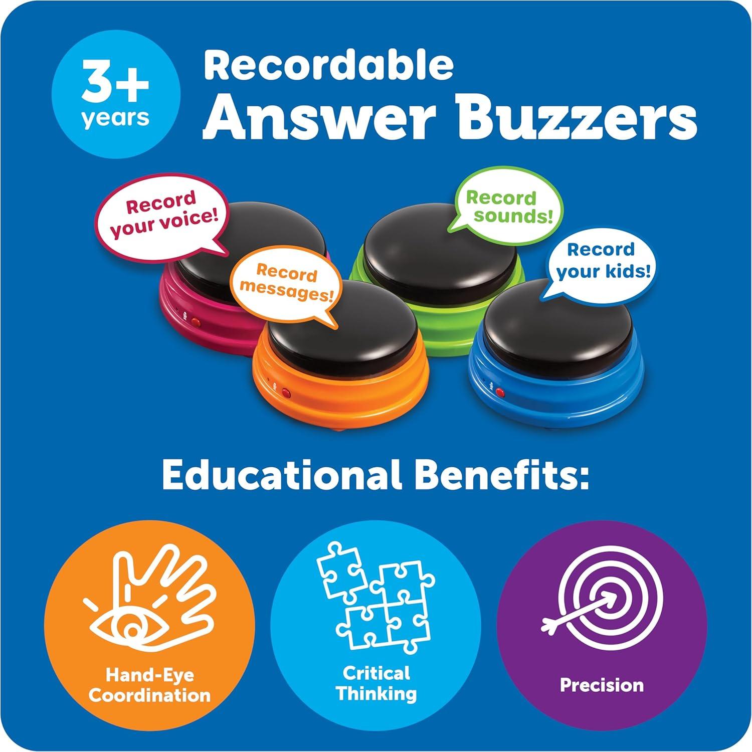 imageLearning Resources Buzzers enregistrables Jeu de 4 4 Sons prprogramme diffrents Buzzer pour Jeux de Questions Buzzer sonore pour Les Jeux en Classe Et La Maison 3sans piles supplmentaires