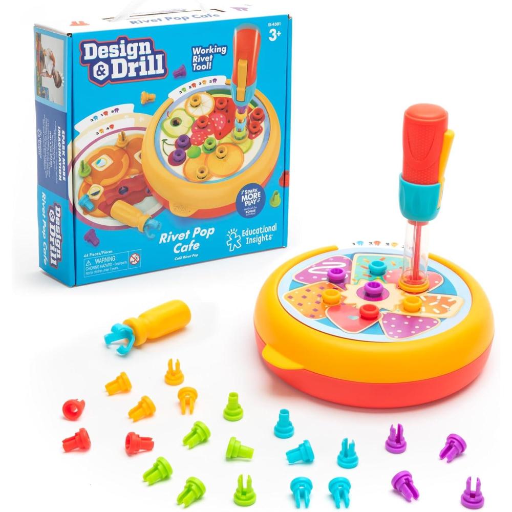 imageLearning Resources Design ampamp Drill Caf Rivet Pop Jouet STEM 44 pices avec riveteuse Manuelle Jouet pour motricit Fine Jouet sensoriel ds 3 Ans