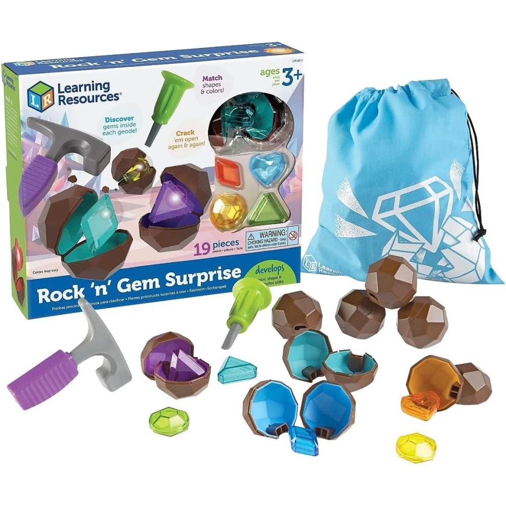 imageLearning Resources Roches et Pierres Prcieuses Surprises  Jeu de Tri et de Motricit Fine  STEM  Ds 3 Ans  8 Couleurs et Formes  avec Marteau et Sac